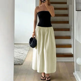 GETADME 섹시 A라인 드레스 여성 여름 신상품 블랙 슬림핏 오프숄더 가슴 드레스 래핑 패션 패치워크 슬리브리스 맥시 드레스