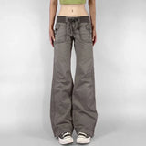 GETADME Retro Lace-up Low Rise Pants Streetwear Patchwork Loose Casual  for Women Harajuku Straight Trousers Korean Fashion