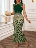 GETADME Elegant Leopard Print Sequin Fishtail Dress for Women, Black & Gold, Sleeveless, Party Evening Wear