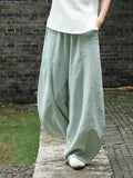 GETADME 2026 Cotton Linen Bloomers Wide Leg Pants Women Vintage Full Length Fashion Elegent Pants Solid Elasitic Waist Spring Autumn 5XL