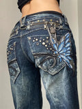 GETADME Embroidered Women Jeans Y2K Millennium Harajuku Slim Flared Jeans American Fashion High Street Large Size Butterfly