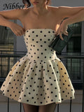 GETADME Nibber Dots Print Dress Women Chest Wrap Backless Bow Applique Ruffles Loose Hem 2025 Y2k Trend Streetwear Chic Mini Bodycon