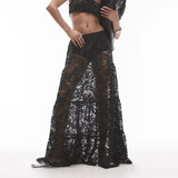 Getadme Trendix See Through Lace Skirts Women High Waist Street Fashion Loose Hollow Out Long Skirt Party Sexy Patchwork Clubwear 2025