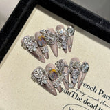 GETADME 핸드메이드 프레스온 네일 샤이니 핑크 캣아이 가짜 네일 (여성용) 착용 가능한 글리터 풀 크리스탈 디자인 가짜 네일 팁