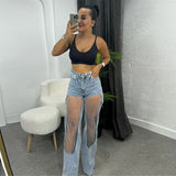 GETADME 2025 Designer Women's Jeans Pant Blue Denim With Sheer Mesh Knee Panels Hip Hop Style Distressed High Waist Streetwear Trousers