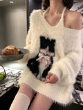 Getadme-Autumn White Elegant Knitted Sweater 2 Piece Set Women Casual Sexy Vest Outwear Warm Korean Fashion Tops Office Lady Chic