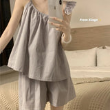 GETADME 귀여운 여성 잠옷 라운지웨어 한국 버전 달콤하고 심플한 플라이 슬리브 언더셔츠 플레드 홀터 홈웨어 정장 잠옷