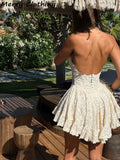 GETADME V Neck Halter Lace Mini Skirt Women Fashion Waist Cinched A Line Dress Backless Sleeveless Short Vestidos Summer Lady Dresses