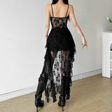 GETADME Women Dress Sexy Patchwork Mesh Strapless Irregular Waist Ruffled Split Black Dresses 2025 Fashion Night Party Vestidos