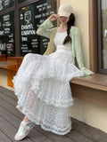 GETADME Elegant Long Multi Layer Mesh Skirt for Women Elastic Waist A-Line Summer Skirt Woman Sweet White Lace Patchwork Cake Skirts