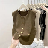 GETADME Knit Vest Women Cardigan Sweater Button Up Round Neck Sleeveless Round Neck Simplicity Casual Fashion Lady Top Female Vest Coat