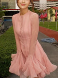 GETADME Elegant Women Round Neck Single Breasted Flare Long Sleeve Mini Dress Sweet Solid Bubble Skirt 2025 Lady Chic High Street Robes