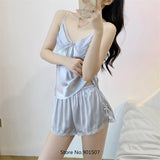 GETADME 2025 Summer New Pajamas Suit Lace Up Cami&shorts 2Pcs Lingerie Sleepwear Rayon Homewear Women Loose Loungewear Big Size 3Xl