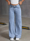 GETADME Women's Back Pocket Bow Embroidered Fashionable Wide Leg Pants Versatile Washed Denim Trousers