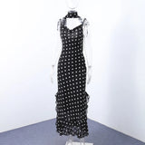 GETADME Retro Polk Dot Long Dress With Ribbon Women Sexy Low Cut Sleeveless Pleated Slim Evening Dresses Female Spring Chic Street Party