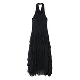 GETADME Elegant Ruffle Party Dress Women Sexy Backless Sleeveless Halter Female Dresses 2025 Summer Chic Irregular Hem Black Lady Robe