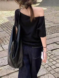 GETADME T-shirts Women Niche Design Off Shoulder Solid Short Sleeve Summer Chic Loose Casual Daily Simple Sexy Korean Trendy Street Tops