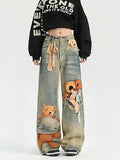 GETADME Womens Baggy Denim Shorts Vintage Washed Teddy Bear Print Wide Leg Mid Length Casual Streetwear Loose Jean Culottes for Women