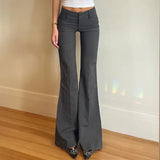 GETADME Lucyever Grey Low Waisted Flared Pants Female Y2K High Street Retro Wide Leg Trousers Fashion Slim Pocket Office Lady Suit Pants