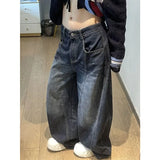 GETADME Black Womens Jeans High Waist Vintage Design Hip Hop Straight Baggy Denim Pants Street Y2K American Style Wide Leg Denim Trouser