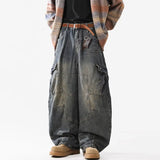 GETADME Retro Multi Pocket Curved Knife Jeans Autumn And Winter Vintage Wide Leg Workwear Pants Korean Version High Street Men'S Jeans