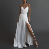 GETADME Elegant White Satin Evening Long Party Dress Women Sexy Slip Deep V Neck High Split Backless Maxi Summer Dresses for Women 2025
