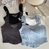 GETADME Women Embroid Letter Tank Tops With Bra Pad Casual Camis Y2K Crop Tops For Women Shoulder Belt Iron Ring Tank Tops