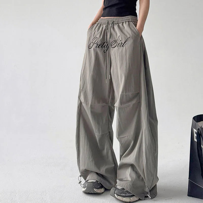 GETADME Woman Y2K Parachute Gray Pants Harajuku Streetwear Letter Embroidery Wide Leg Trousers Oversize Pockets Baggy Cargo Sweatpants