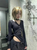 GETADME 2025 New Black Y2k Crop Tops Sexy Blouses Women Spicy Girl V-neck Zipper Shirts Long Sleeve Tunic Casual Design Slim Chic Tops
