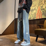GETADME Three bar American retro jeans men's spring and autumn new style high street elastic waist loose casual men's straight leg long