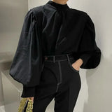 Vintage Women's Elegant Blouse Harajuku Black Oversized Shirt Lantern Sleeve Button Chic Female Korean Clothing Fashion