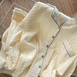 GETADME Casual Autumn New Simple Soft Women's Long Sleeve Pajamas Set Plaid Korean Style Solid 2 Suit Set Sleepwear Fashion Loungewear