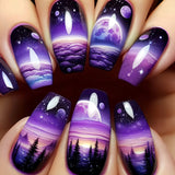 GETADME 24pcs/set medium long fake nails fashion butterfly feather forest sea wave design gradient blue purple green press on false nail