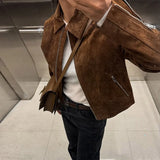 GETADME Vintage Brown Suede Women's Jackets Turn Down Collar Long Sleeve Single Breasted Female Pockets Coats 2025 Autumn Ladies Outwear