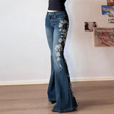 GETADME Flare Pants Jeans Women Embroidery Boot Cut Low Waist Washed Distressed Pockets Floor Length Streetwear 2025 Denim Trousers