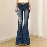 GETADME Retro Y2k Jeans Baggy Floral Embroidery Jeans Women Vintage 2000s Low Rise Flared Denim Pants High Street Basic Trousers