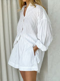 GETADME Wolfeel Casual Shorts Sets Striped Jacquard 2 Pieces Cozy Lapel Lantern Sleeve Shirt Summer Outfit Elastic Waist Shorts Suits
