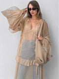 GETADME Fashion Ruffle Edge Dress Women Summer 2025 New Khaki Batwing Sleeve Loose Sun Protection Cover Long Dresses Female High Street