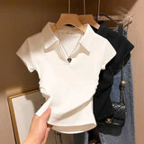 GETADME Cotton Summer Sexy Women's T Shirt Skinny Slim Basic Solid Crop Top Short Sleeve Polo TShirtCasual Top Tee for Women