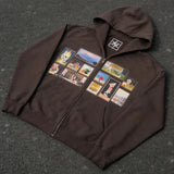 GETADME Y2K Retro Brown Washed Hoodie Pixel Paint Print Gallery Zipper Sweatshirt Trendy Distressed Streetwear Unisex Oversize Clothing