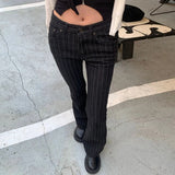 GETADME Low Waist Vintage Stripe Flare Jeans Women Casual Patterned Slimming Bell Bottom Trousers Faionable Cotton Stretch Denim Pants