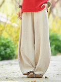 GETADME 2026 Cotton Linen Bloomers Wide Leg Pants Women Vintage Full Length Fashion Elegent Pants Solid Elasitic Waist Spring Autumn 5XL