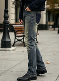 GETADME 【HME】Men's jeans | High quality men denim pants with distressed detail, loose straight leg denim design, natural worn wash texture, reinforced knee rip patches, frayed ankle cuffs, neat sewing process, high tolerance for leg shapes, multi-scene ma