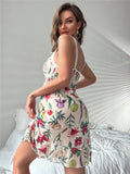 GETADME Floral Print Sleepwear Mesh Ruffle Hem Cami Nightdress Bride Nightwear Babydoll Vintage Sleep Dress