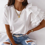 GETADME Fashion Ruffled Short Sleeved Women's Blouse Summer Simple Round Neck Elegant Office Irregular T Shirt Solid Casual Tees Tops