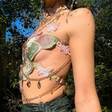 Sexy Woman Crystal Chain Butterfly Embroidery Sleeveless Backless Adjustable Ultra Short Top Music Prom