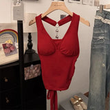 GETADME Summer Women Tank Top Slim Fit Halter Neck Sleeveless Crop Top Backless Bow Tie Design Sexy Streetwear Y2K Style Gray Camisole