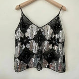 GETADME Women's Hot Sweet Sequin Bead Crop Tops Sexy Sling Slim Fit Short V-neck Straight Tank Top Korean Fashion Y2k Clothing