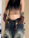 GETADME American Streetwear Lace Up Cargo Denim Pants Summer Hot Girl Chic Loose Wide Leg Cropped Pants 2000s Y2k Shorts Women Clothing