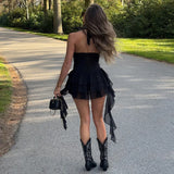 GETADME Hot Sexy Halter Deep V-neck Backless Ruffle Tassel Black Playsuits Women Skinny Club High Street One Piece Romper 2025
